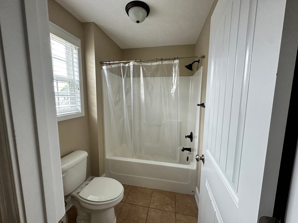 a bathroom with a shower and a toilet and a window