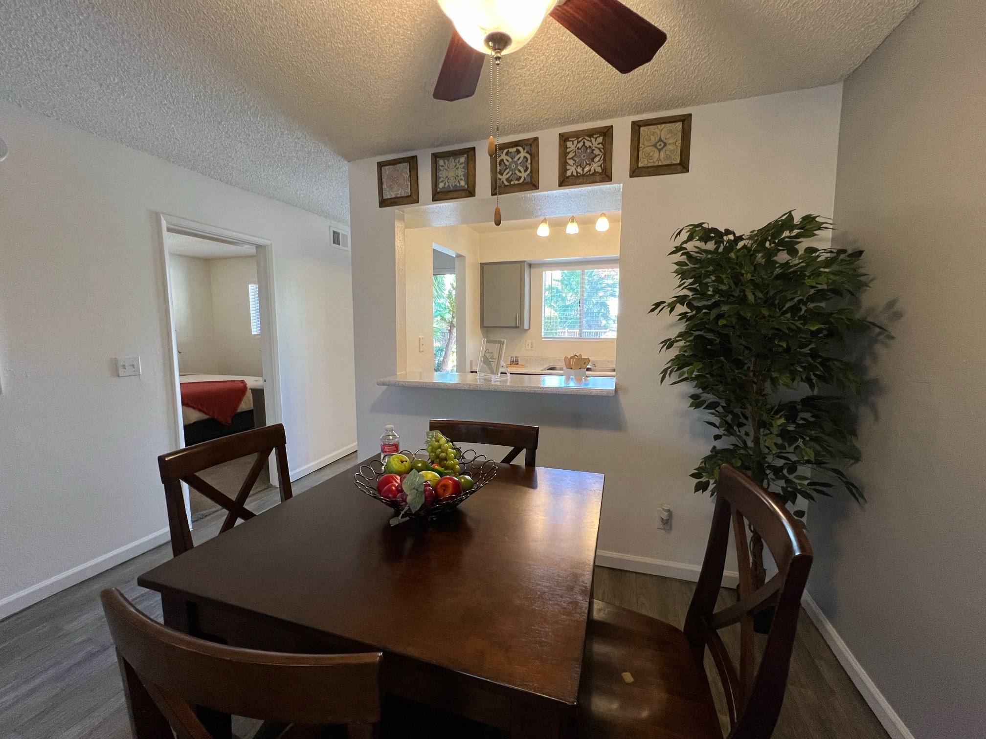 a dining room and kitchen with a table and chairs and a plant