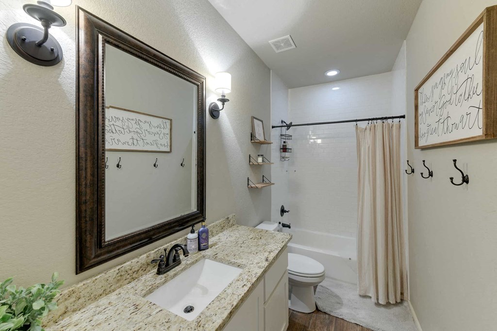 a bathroom with a mirror and a toilet and a shower