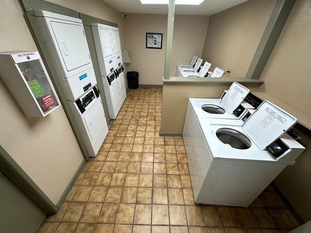 A row of washing machines are lined up in a laundromat.
