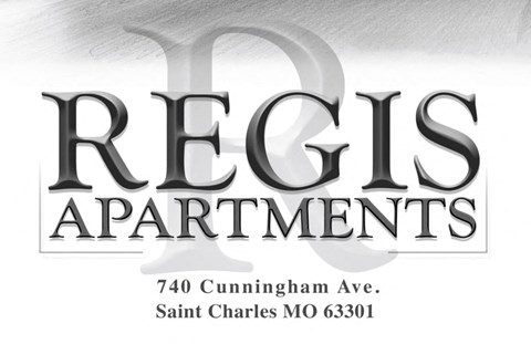 A sign for Regis Apartments is displayed on a white background.
