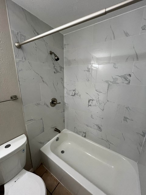 a bathroom with a shower and a toilet and a tub