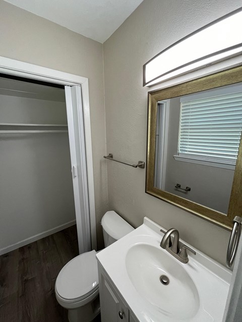 a bathroom with a sink toilet and a mirror