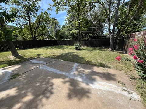 a yard with grass and trees and a cement patio