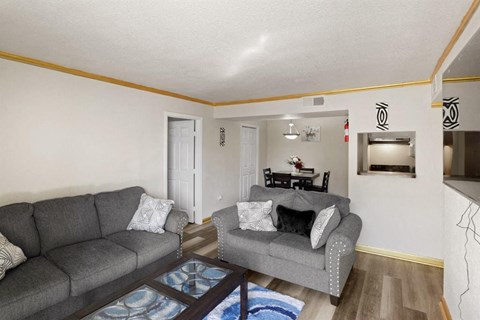 a living room with two couches and a coffee table