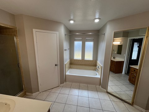 A large, empty bathroom with a tub, sink, and mirror.