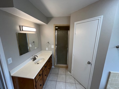 A bathroom with a sink, mirror, and shower.