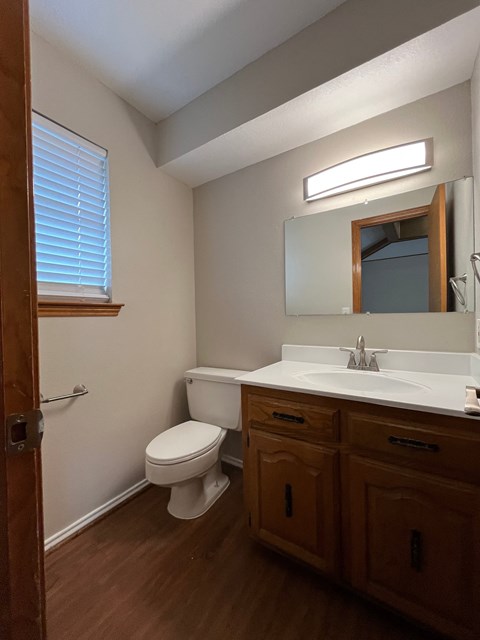 A bathroom with a toilet, sink, and mirror.