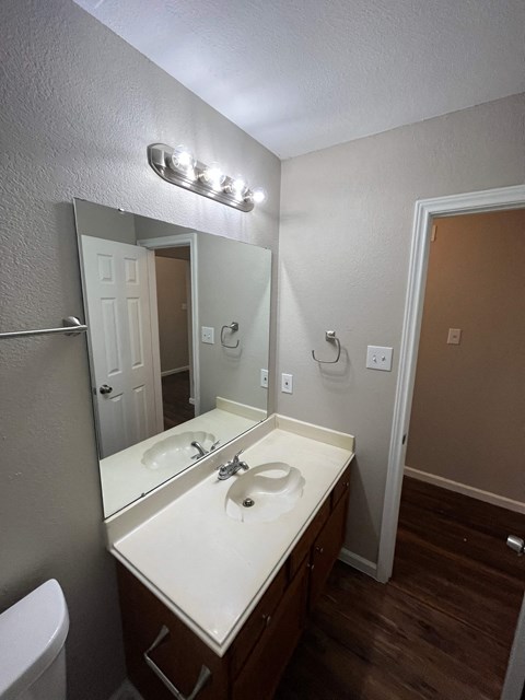 A bathroom with a white sink and a mirror above it.
