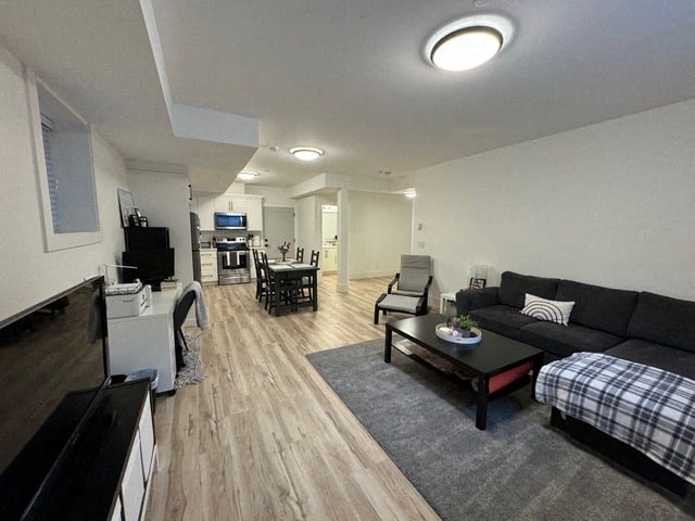 a living room with a couch and a table