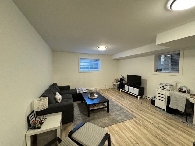 a living room with a couch and a table