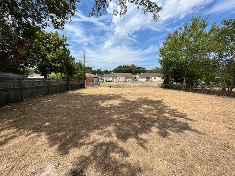 A backyard with a fence and trees.