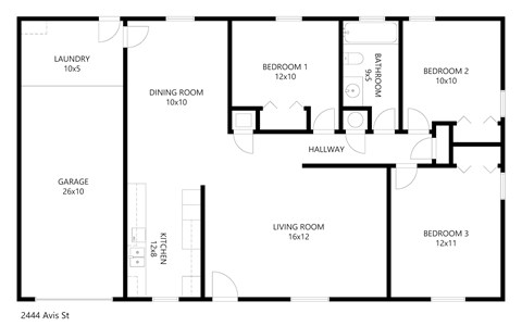 A floor plan of a house with a garage, living room, dining room, kitchen, and three bedrooms.