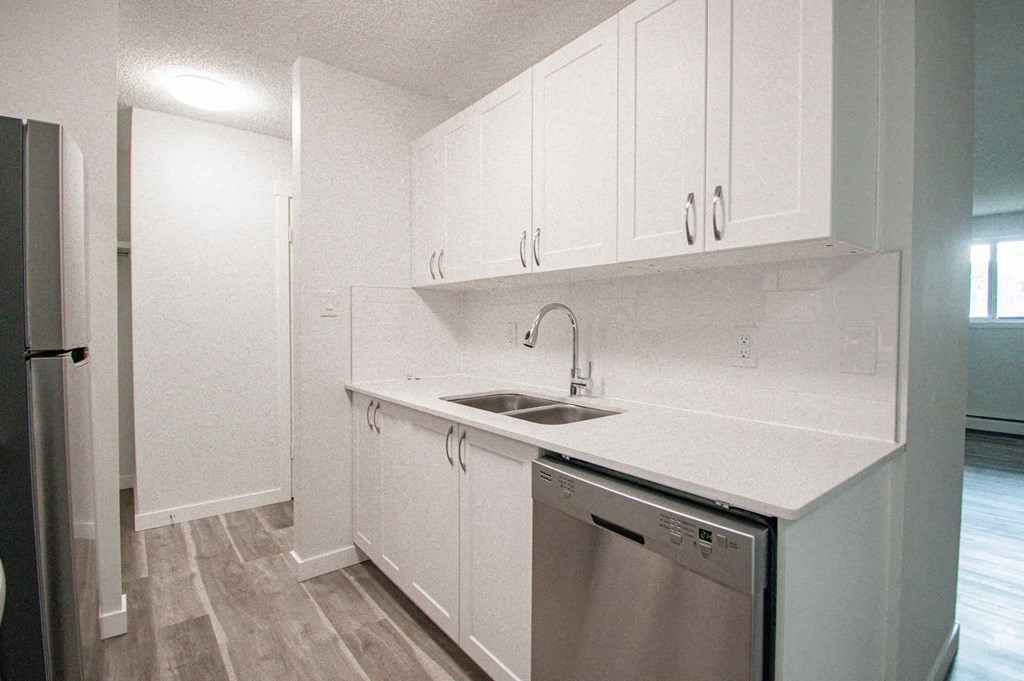 an empty kitchen with white cabinets and a sink and a dishwasher