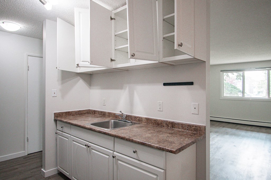 an empty kitchen with white cabinets and a sink