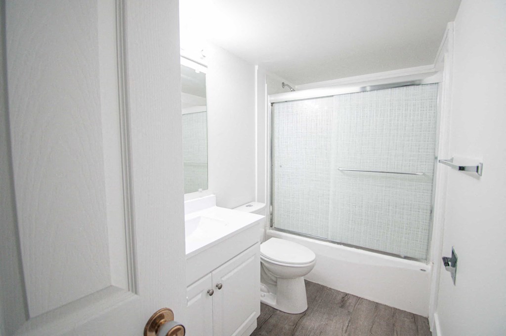 a white bathroom with a shower toilet and sink
