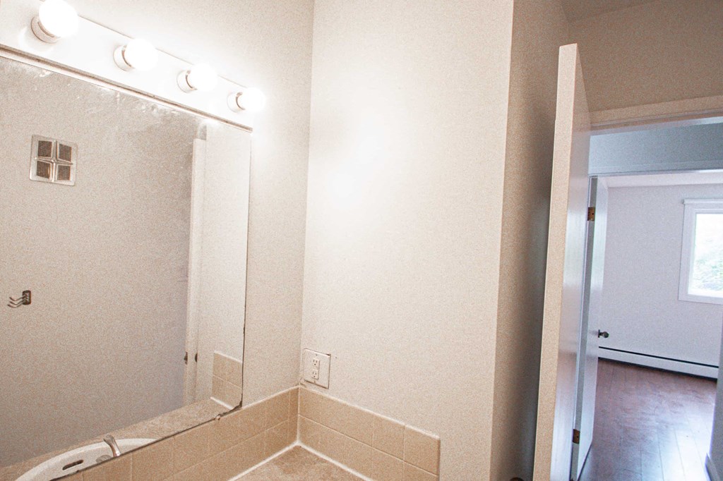 a bathroom with a mirror and a sink