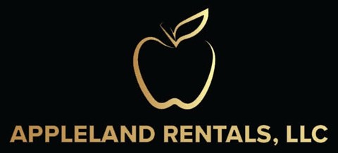 a logo for an apple rental company on a black background