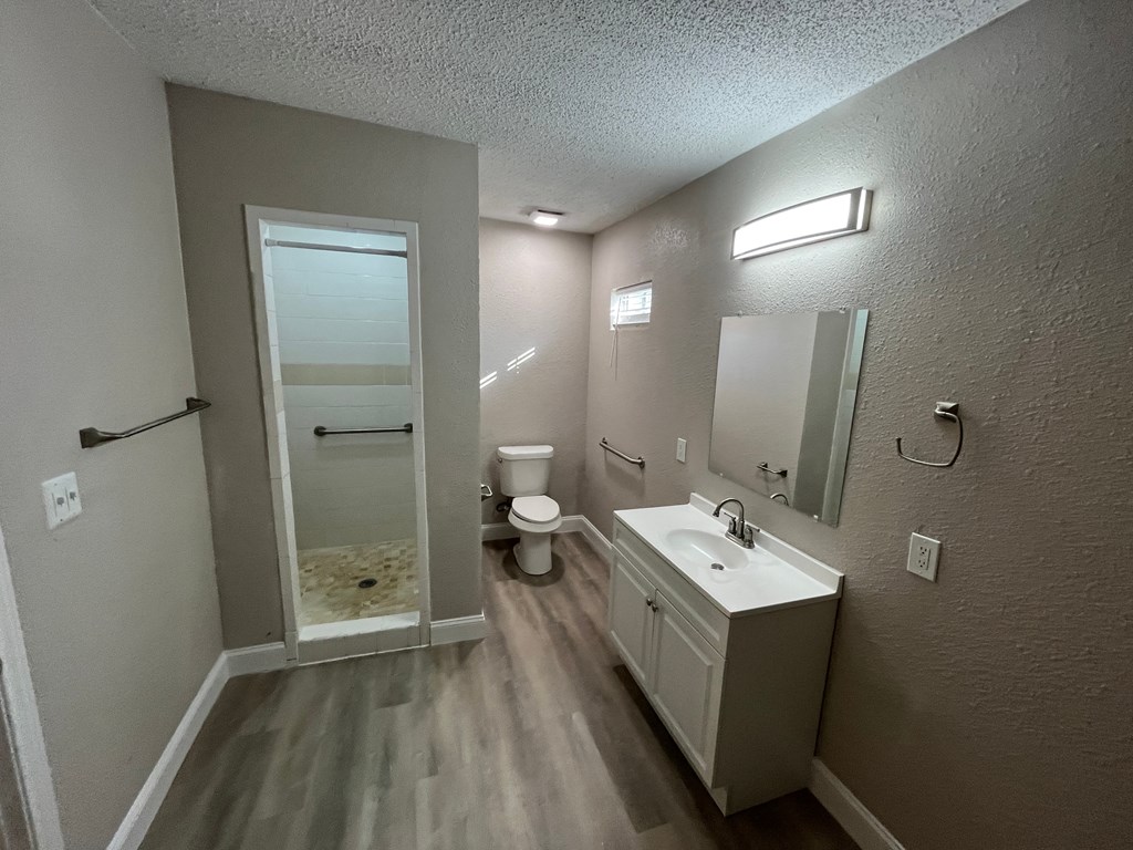 A bathroom with a sink, toilet, and shower.