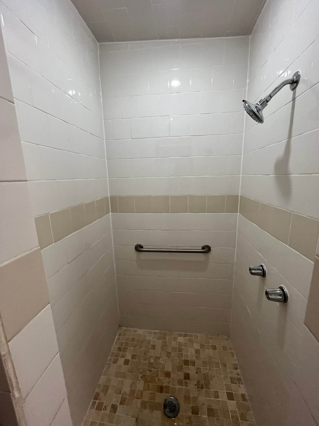 A white tiled shower with a silver shower head and grab bars.