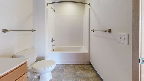 a bathroom with a toilet and a tub and a sink