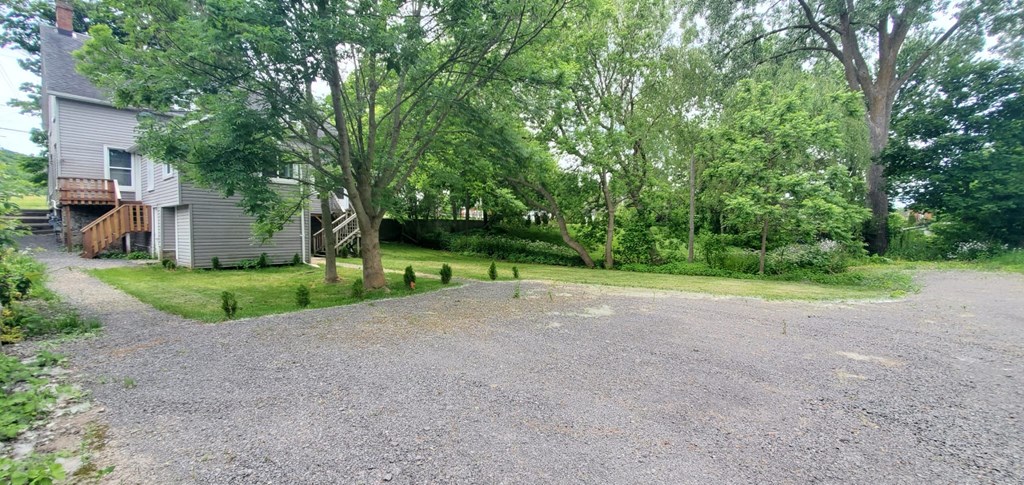 a driveway with trees and a house on the side of it