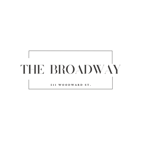 A logo with the text 'THE BROADWAY' and '511 WOODWARD ST.'