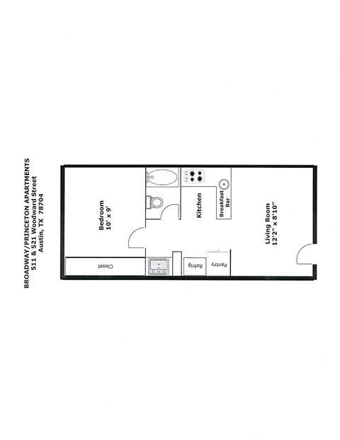 A floor plan of a one bedroom apartment on Broadway Prince Street.