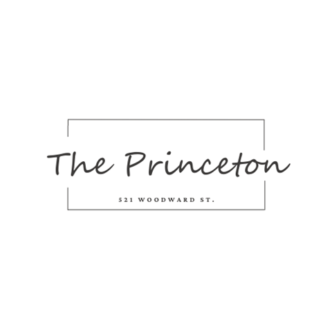 A logo with the name "The Princeton" and the address "521 Woodward St."
