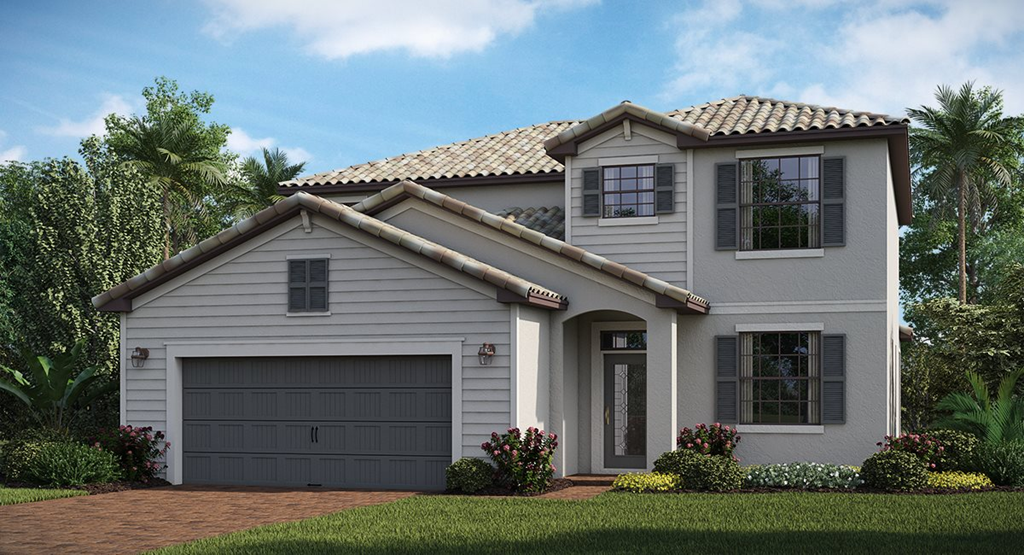 a white house with a garage
