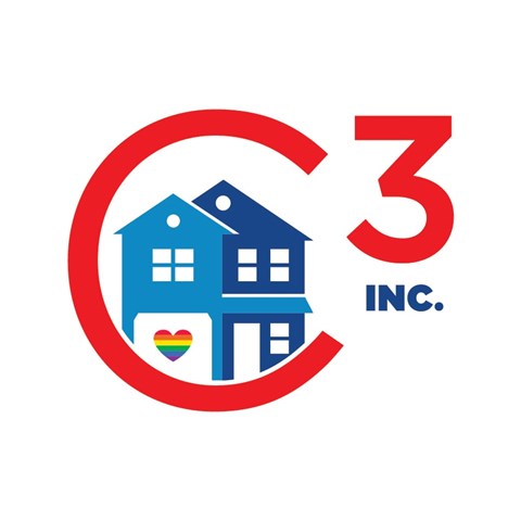 a red circle with a house inside of it and the number three