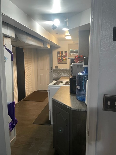 A kitchen area with a fridge, a microwave, and a dishwasher.