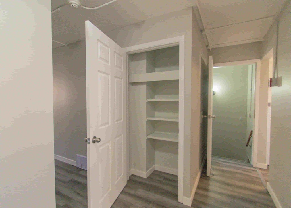 a closet with shelves and a white door