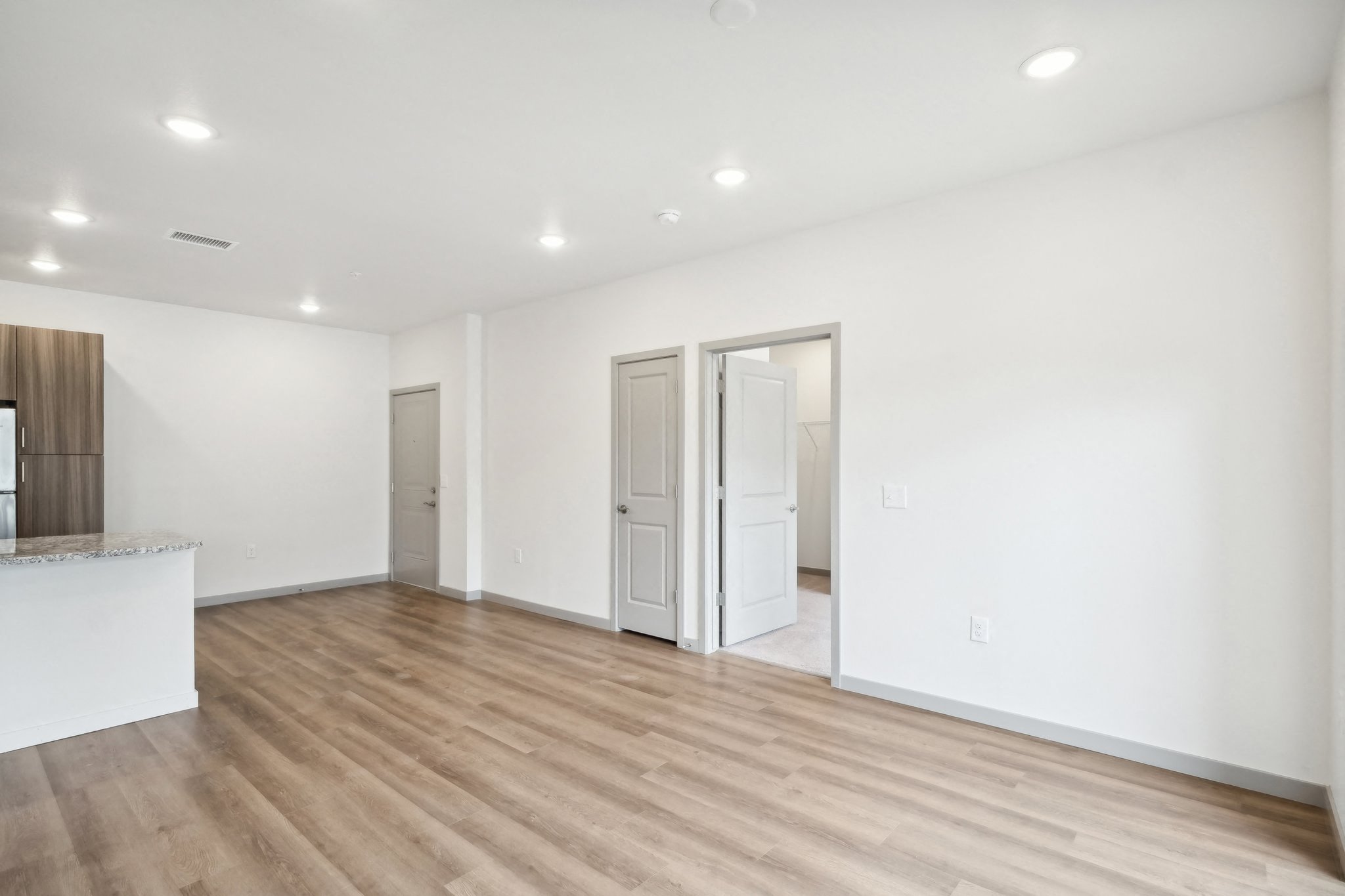 a living room with white walls and a wooden floor