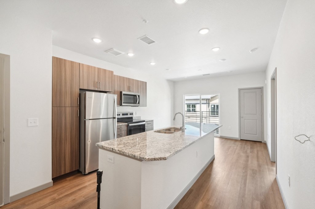 the preserve at ballantyne commons apartment kitchen and living room with stainless steel appliances