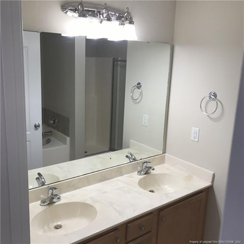 A bathroom with a double sink vanity and a large mirror.
