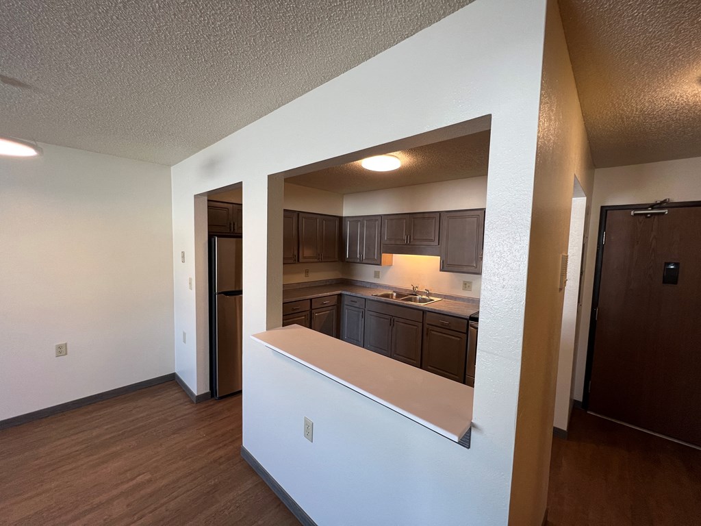 a view of the kitchen and living room in an empty apartment