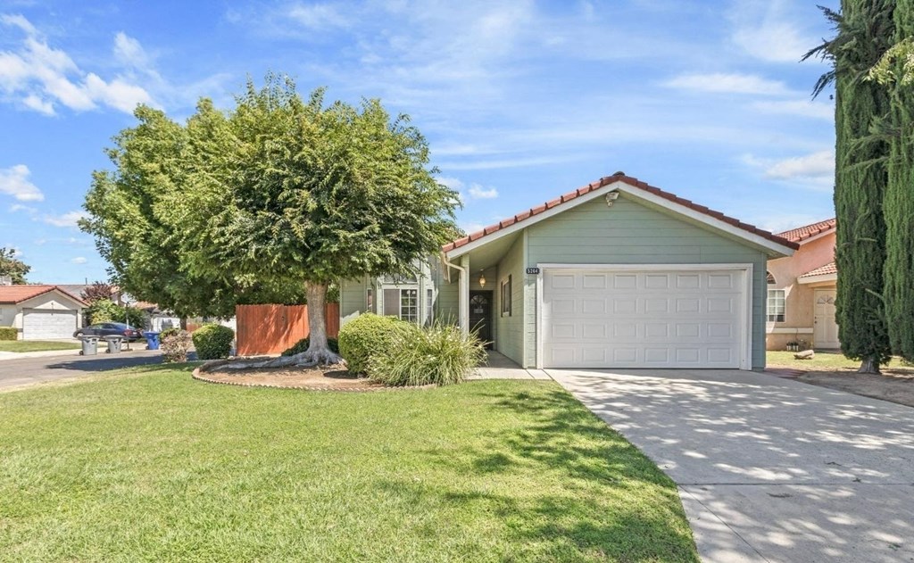 a green house with a white garage door and a tree in the yard