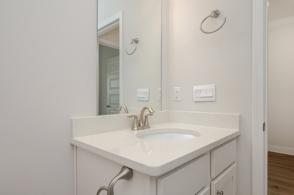 a bathroom with a sink and a mirror