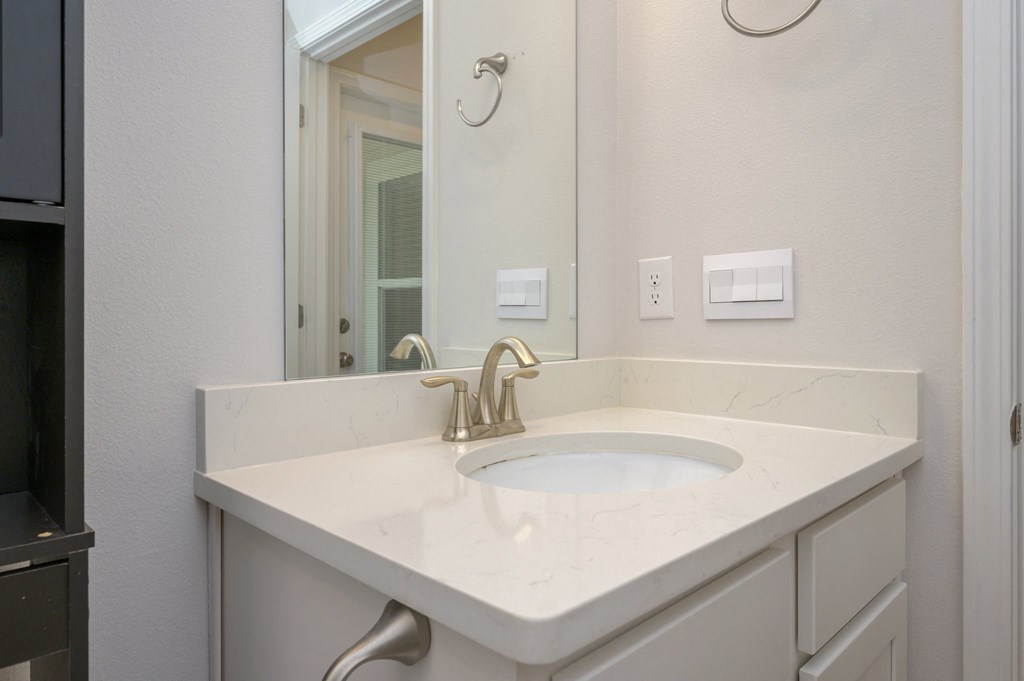 a bathroom with a sink and a mirror