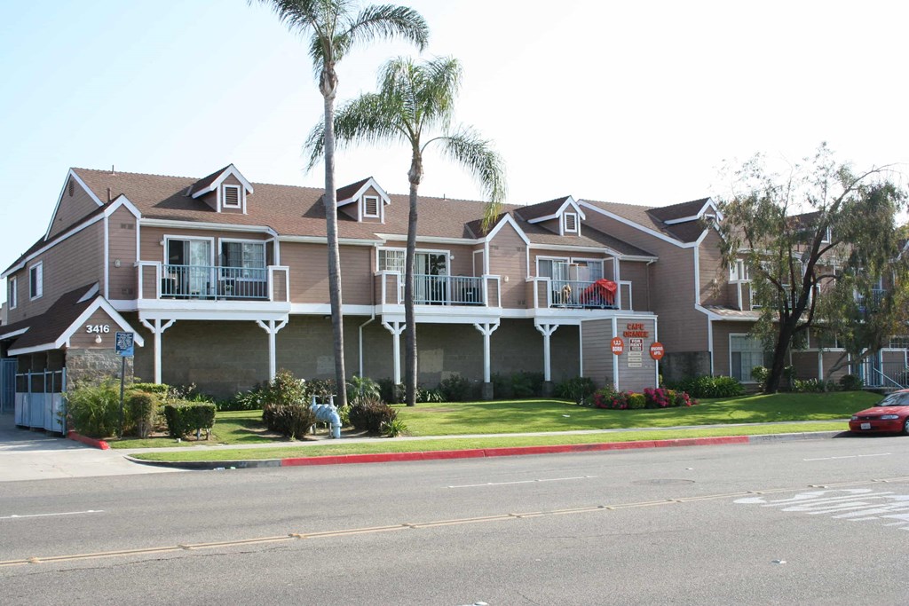 a building with palm trees in front of it on a street