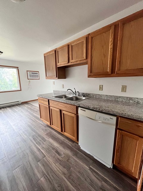 a kitchen with wooden cabinets and a sink and a dishwasher