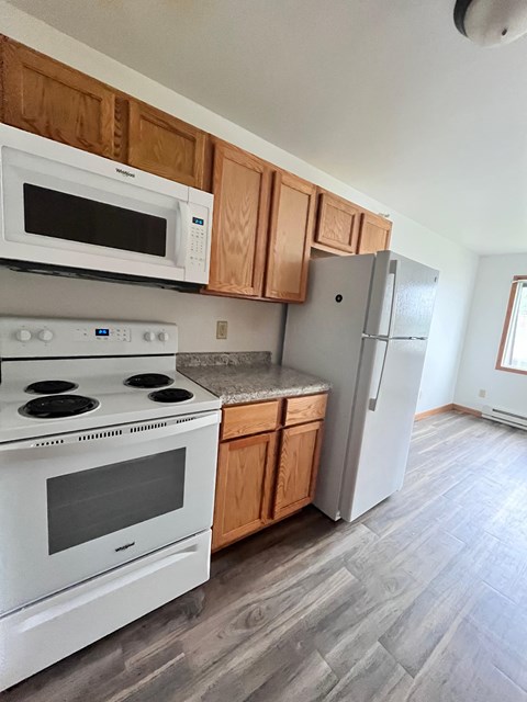 an empty kitchen with a stove refrigerator and microwave