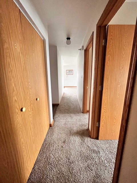 a room with three doors and a carpeted floor