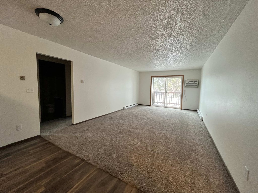 the living room and dining room of an empty apartment
