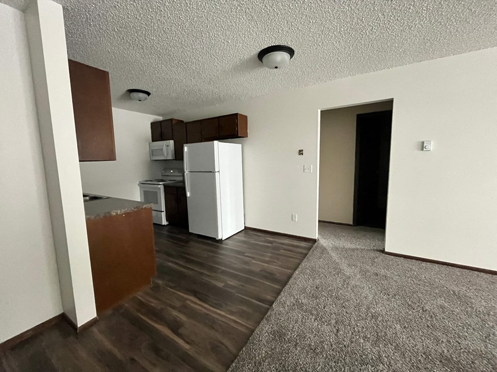 an empty kitchen with a refrigerator and a stove and a microwave