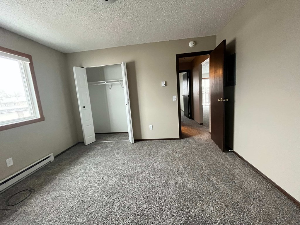 an empty living room with carpet and a door to a closet
