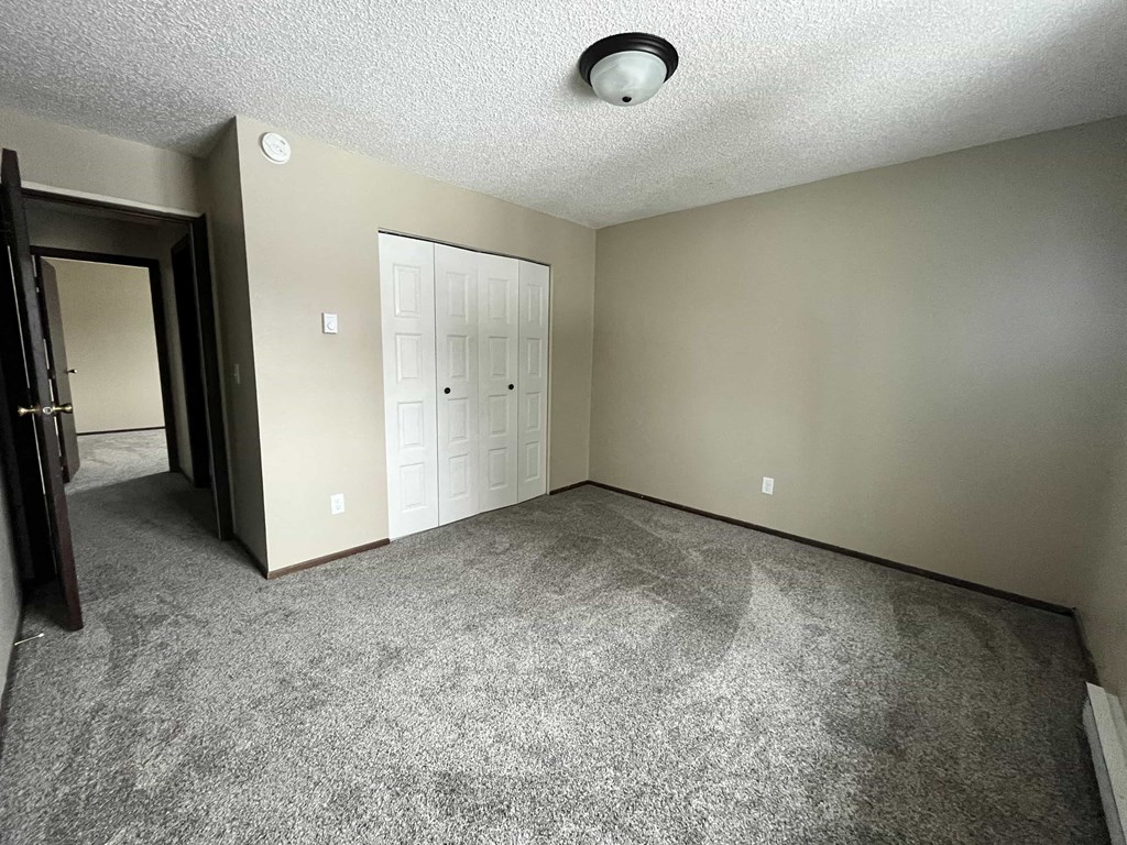 an empty living room with carpet and a door to a closet