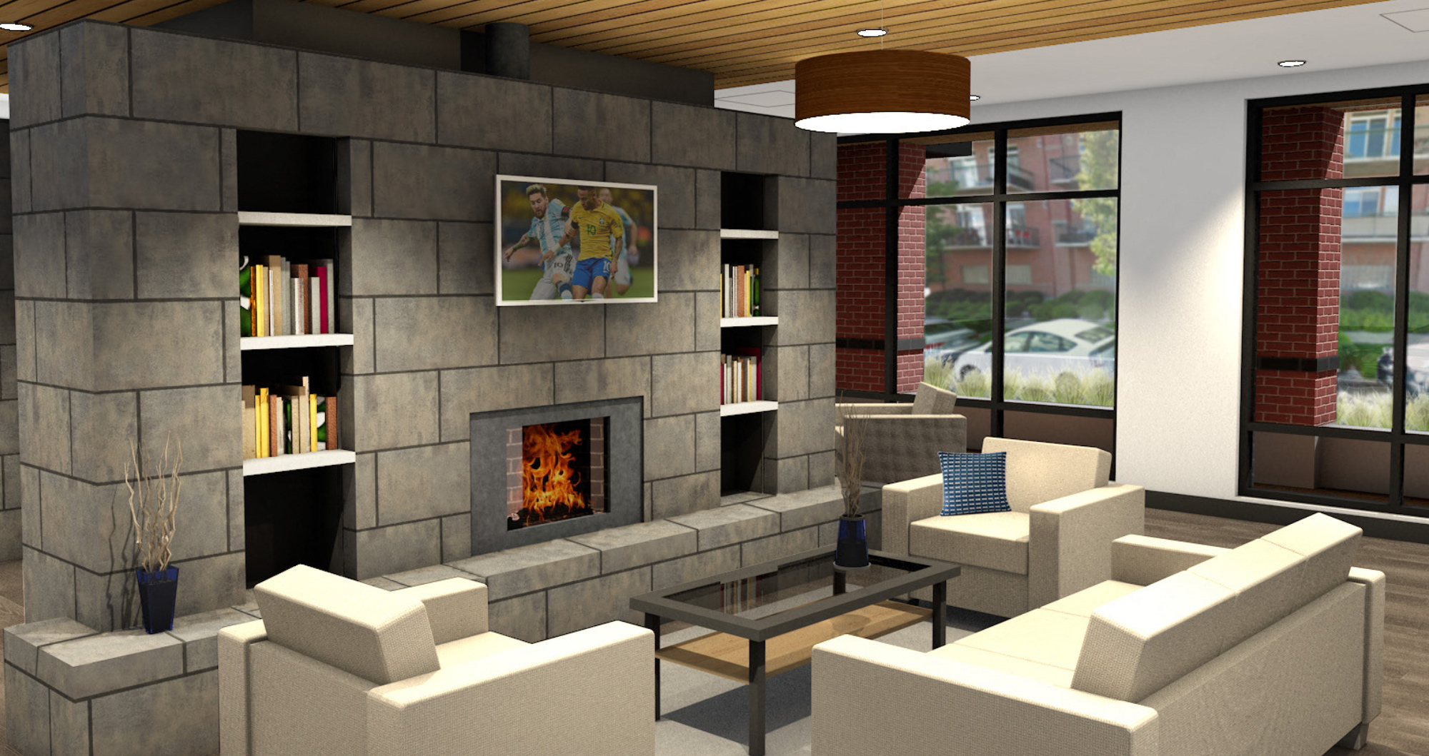 A living room with a stone fireplace and a painting of a family.