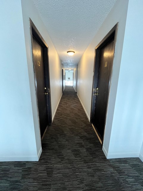 a hallway with three doors and a carpeted floor and a door to a bedroom